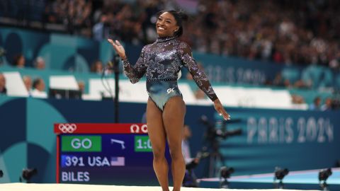 PARIS,  - JULY 28: Simone Biles of Team United States reacts after finishing her routine in the floor exercise during the Artistic Gymnastics Women's Qualification on day two of the Olympic Games Paris 2024 at Bercy Arena on July 28, 2024 in Paris, . (Photo by Naomi Baker/Getty Images)