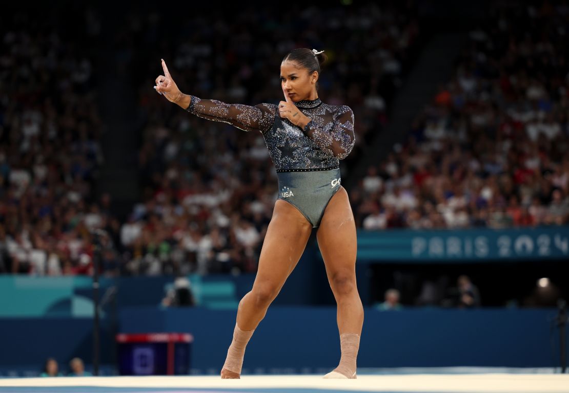 Jordan Chiles, pictured during her floor exercise routine in the qualification round at the 2024 Paris Olympics, says she's learned from teammate Simone Biles the importance of "standing your ground."