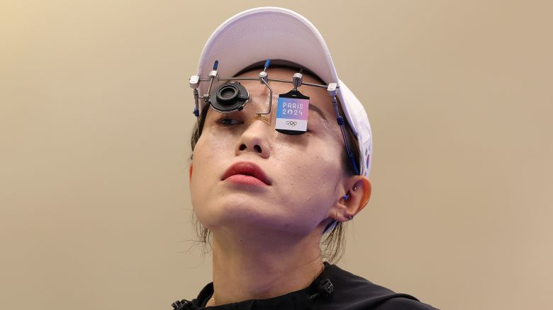 Kim Yeji of Team Republic of Korea prepares to shoot during the Women's 10m Air Pistol Final on day two of the Olympic Games Paris 2024 at Chateauroux Shooting Centre in Chateauroux, France on July 28, 2024.