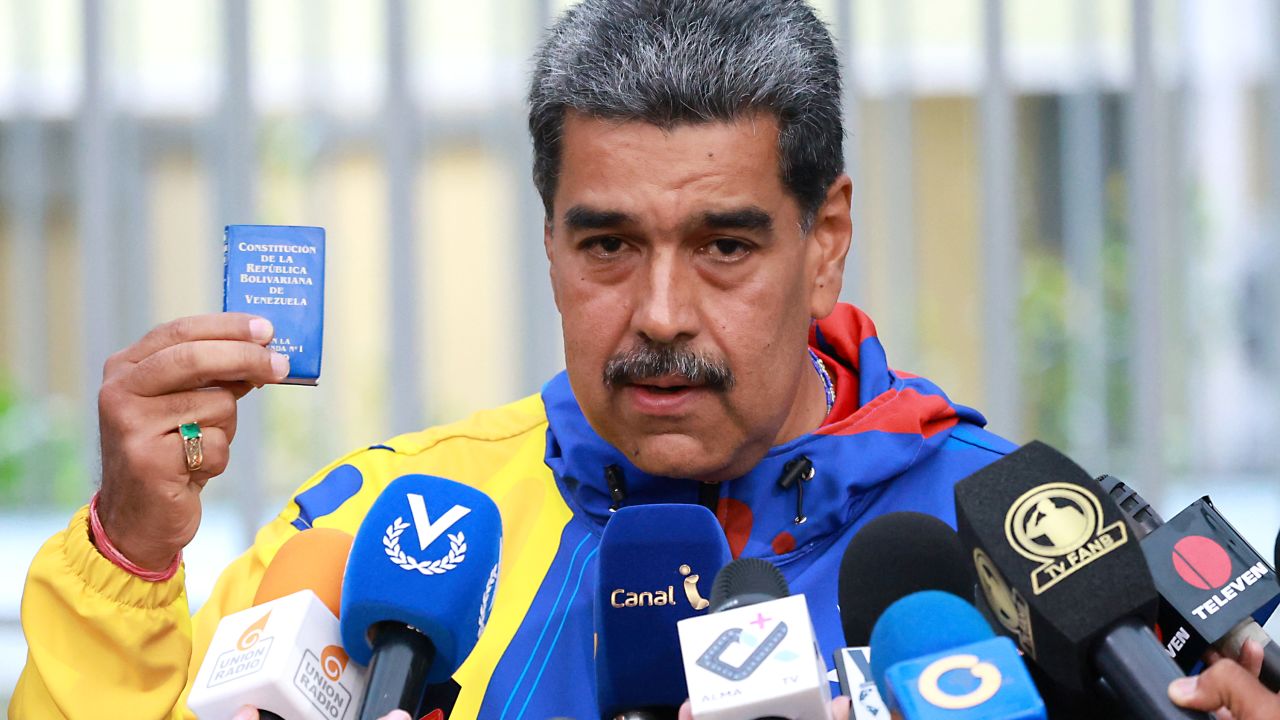 CARACAS, VENEZUELA - JULY 28: Incumbent President of Venezuela Nicolás Maduro speaks during a press conference after casting his vote during the presidential elections at Escuela Ecológica Bolivariana Simón Rodríguez on July 28, 2024 in Fuerte Tiuna, Caracas, Venezuela. Venezuelans go to polls for the presidential election between Nicolás Maduro, current president, and opposition candidate Edmundo González. (Photo by Jesus Vargas/Getty Images)