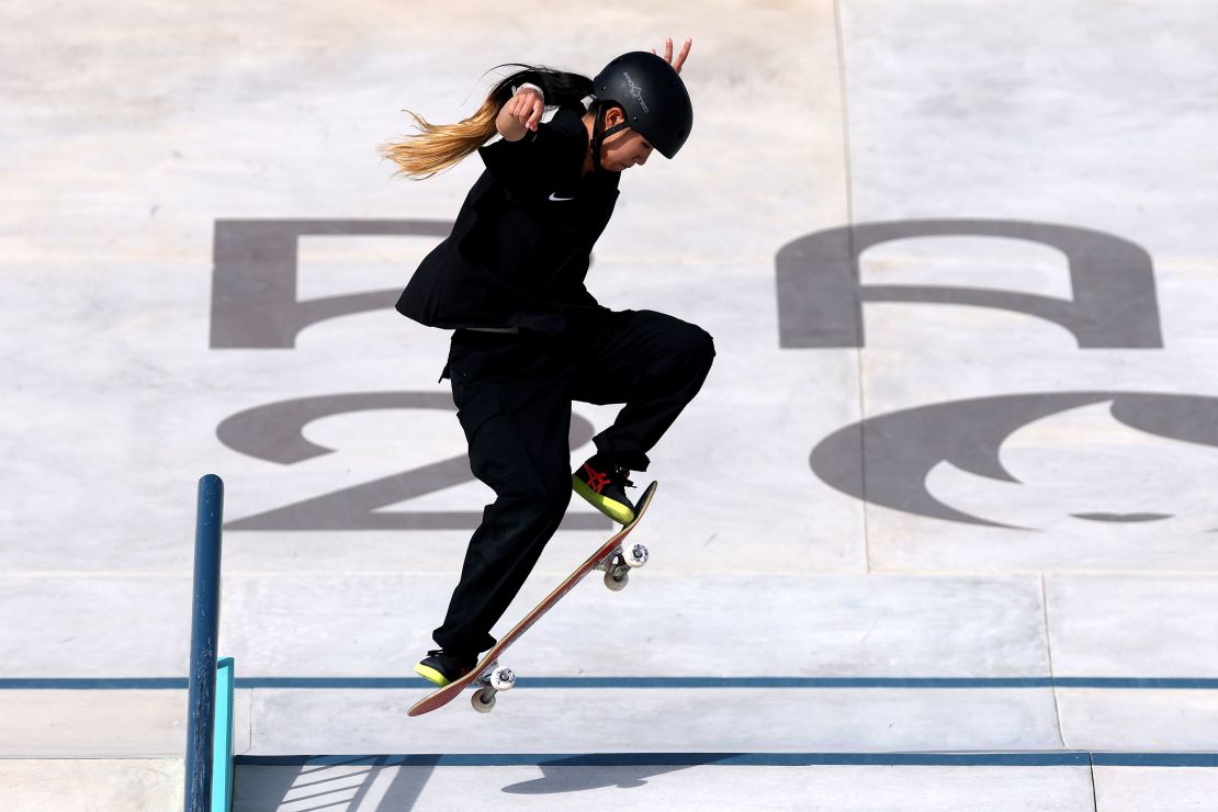 Akama attempts a trick during the women's street finals in Paris, France.