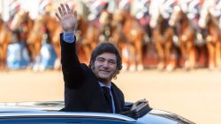 BUENOS AIRES, ARGENTINA - JULY 28: President of Argentina Javier Milei waves as he arrives to the 136th Expo Rural at La Rural Exhibition and Conference Centre on July 28, 2024 in Buenos Aires, Argentina. (Photo by Tomas Cuesta/Getty Images)