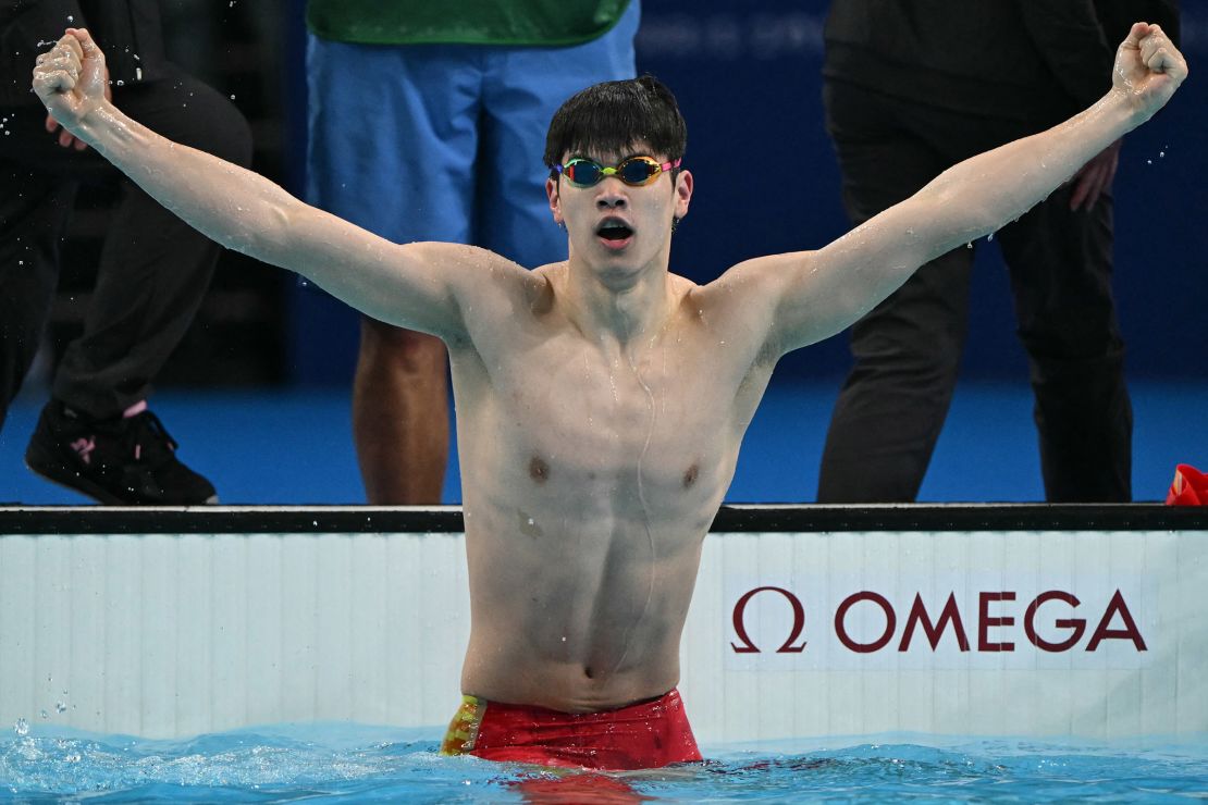 China's Pan Zhanle wins gold and breaks a world record in the final of the men's 100-meter freestyle swimming event during the Paris 2024 Olympic Games on July 31.