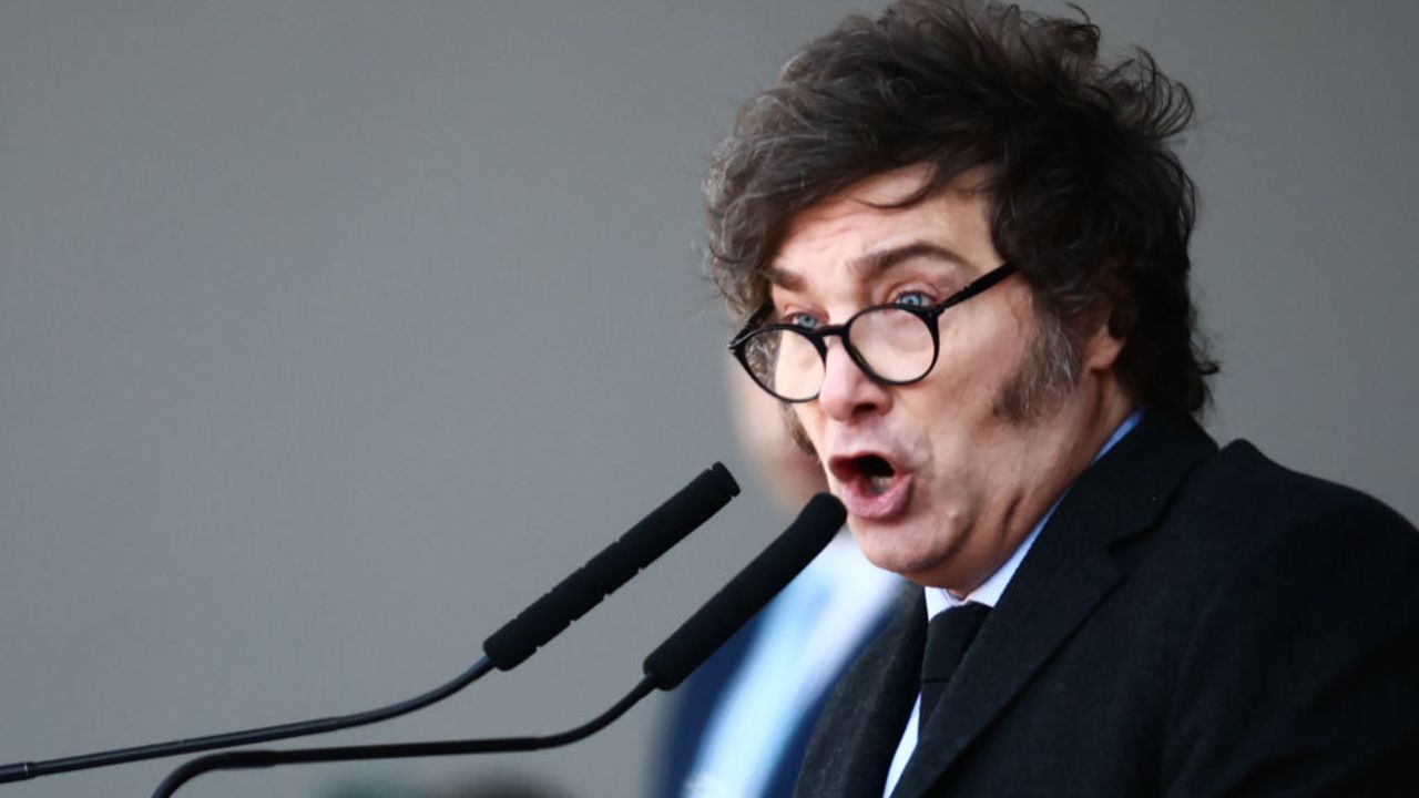 BUENOS AIRES, ARGENTINA - JULY 28: President of Argentina Javier Milei gives a speech as part of the 136th Expo Rural at La Rural Exhibition and Conference Centre on July 28, 2024 in Buenos Aires, Argentina.  (Photo by Tomas Cuesta/Getty Images)