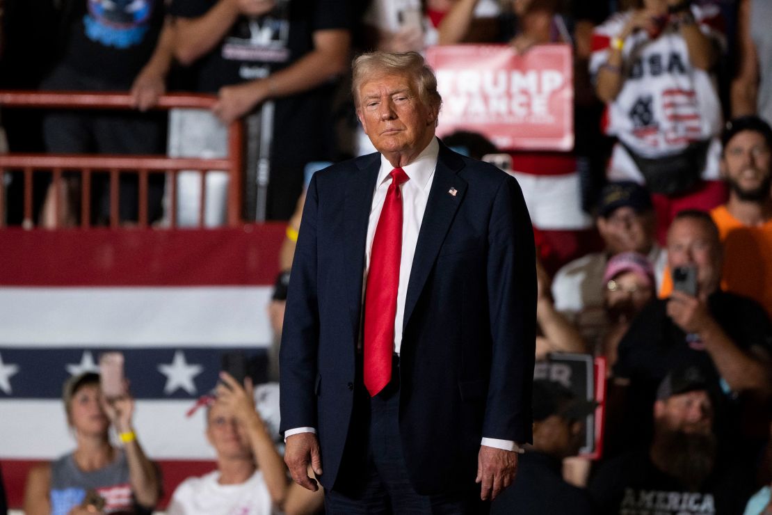 Trump arrives to speak at his Harrisburg, Pennsylvania, rally on July 31, 2024.