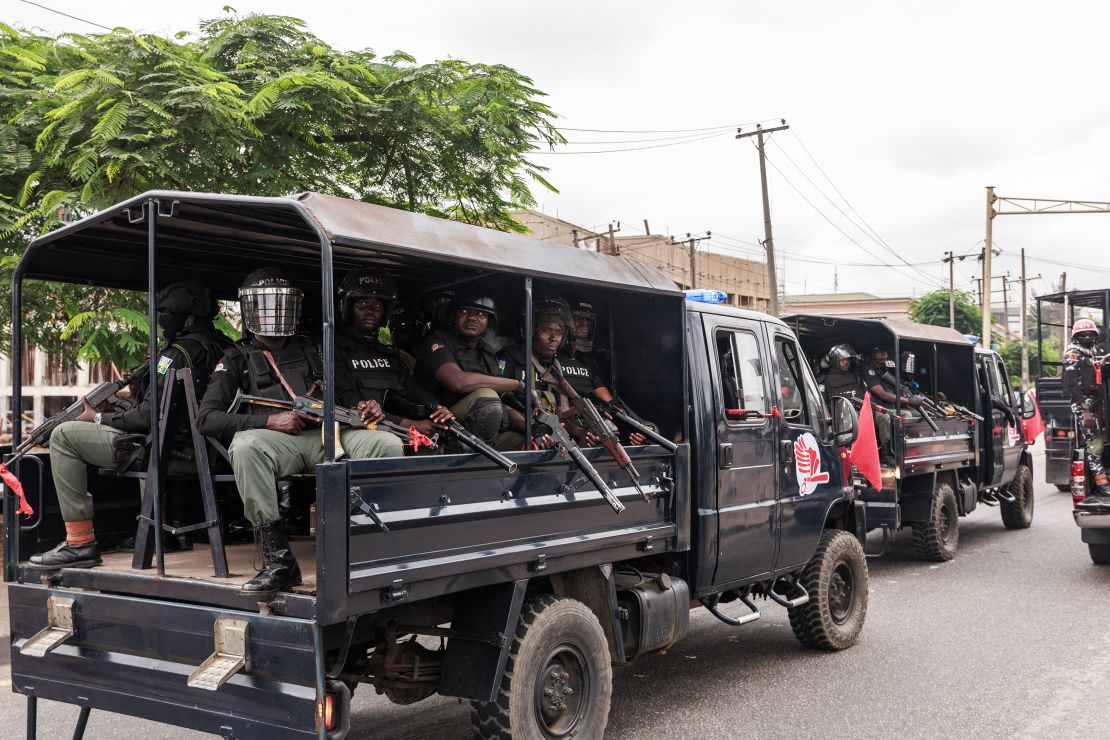 Nigerian police patrol during the End Bad Governance protest at Ikeja, Lagos, on August 1, 2024.