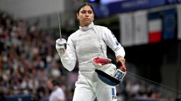 Ysaora THIBUS of France during the Paris Olympic Games 2024 - Day 6 at Grand Palais on July 1, 2024 in Paris, France. (Photo by Daniel Derajinski/Icon Sport via Getty Images)