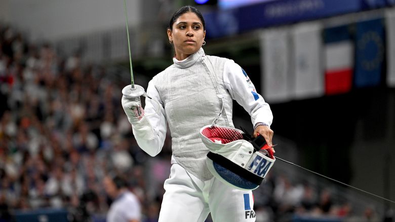 Ysaora THIBUS of France during the Paris Olympic Games 2024 - Day 6 at Grand Palais on July 1, 2024 in Paris, France. (Photo by Daniel Derajinski/Icon Sport via Getty Images)