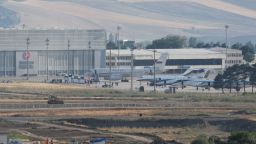 Aircraft are parked on the tarmac at Ankara Esenboga Airport following a major US-Russia prisoner exchange coordinated with the Turkish government on August 1, 2024 in Ankara, Turkey.