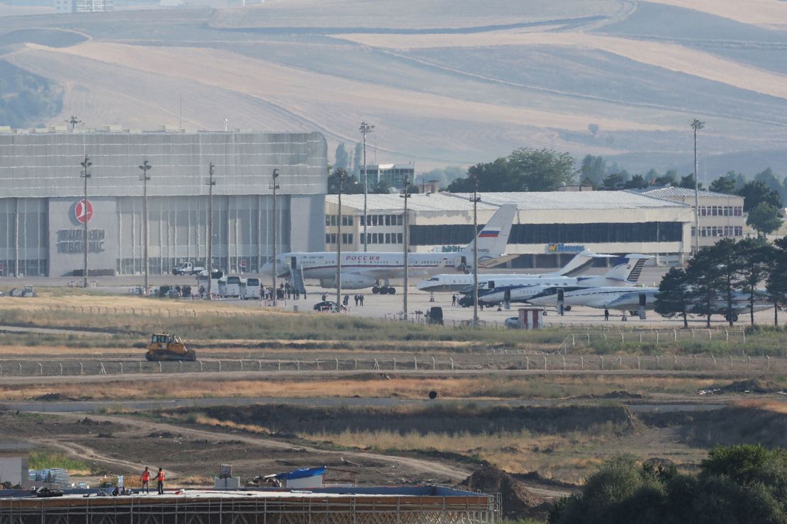 Aircraft are parked on the tarmac at Ankara Esenboga Airport following a major US-Russia prisoner exchange coordinated with the Turkish government on August 1, 2024 in Ankara, Turkey.