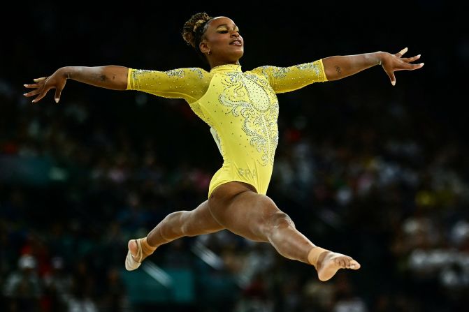 Brazilian gymnast Rebeca Andrade competes in the floor exercise during the individual all-around on August 1. <a >Andrade won the silver</a> for the second straight Olympics.