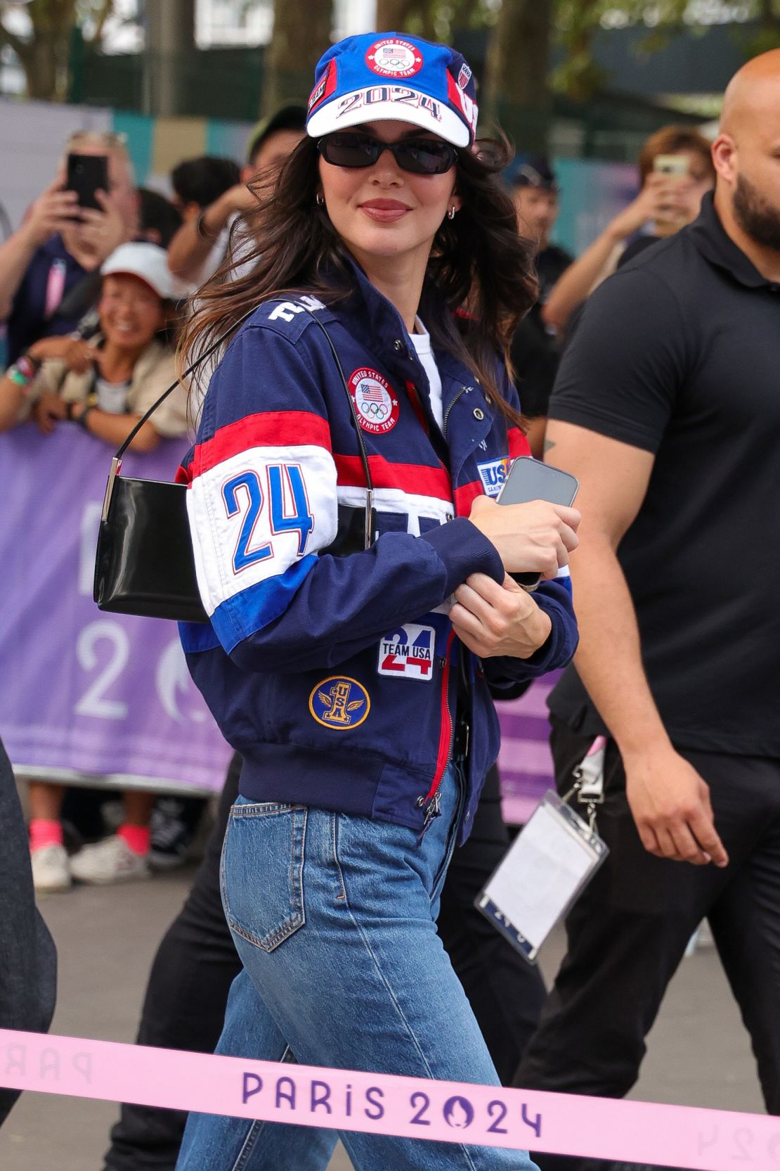 Model Kendall Jenner seen wearing Team USA merchandise and high-waisted jeans on August 1.