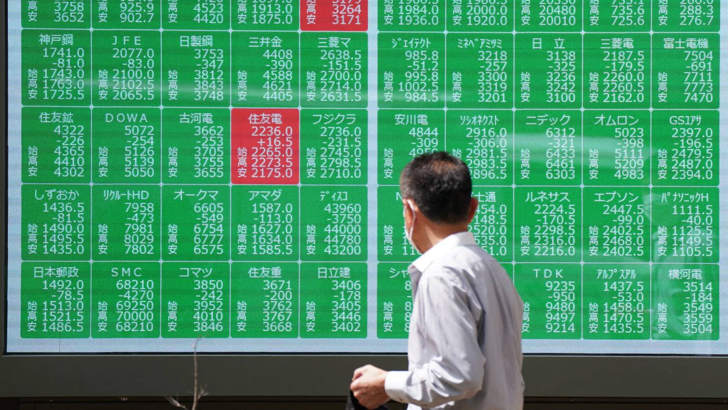 A man looks at an electronic board displaying stock prices in Tokyo on August 2, 2024.