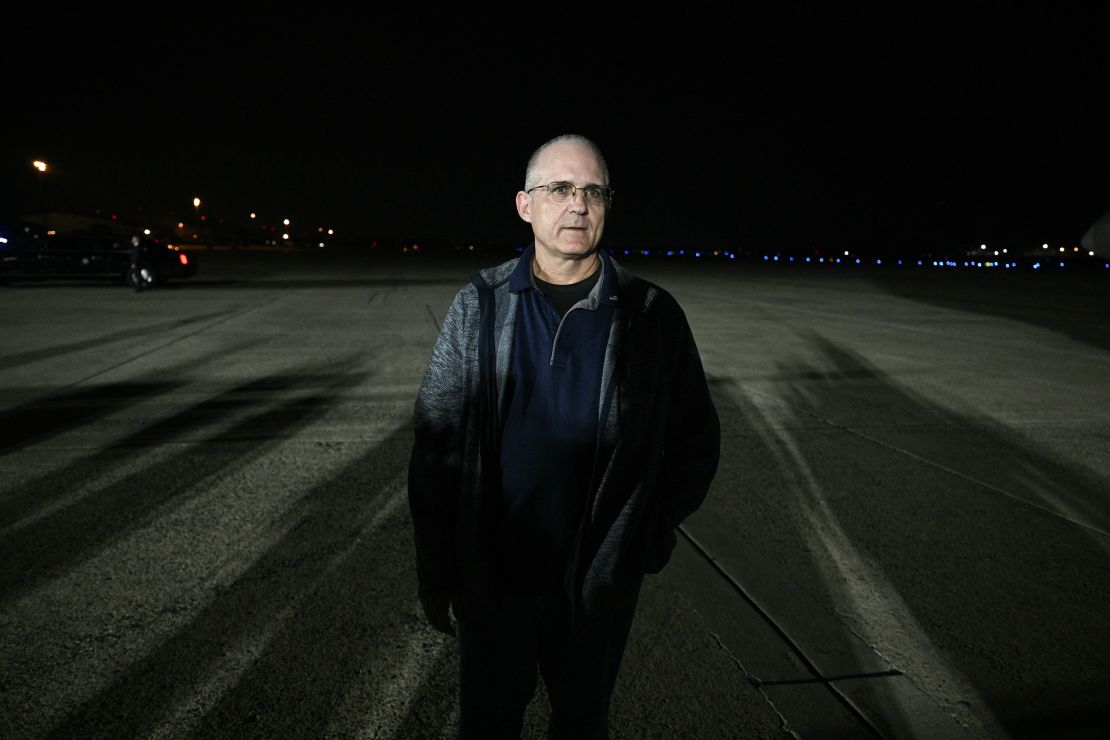 Paul Whelan stands on the tarmac as he arrives at Joint Base Andrews in Maryland on August 1, 2024.