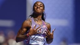 TOPSHOT - US' Sha'Carri Richardson celebrates after winning the women's 100m heat of the athletics event at the Paris 2024 Olympic Games at Stade de France in Saint-Denis, north of Paris, on August 2, 2024. (Photo by Jewel SAMAD / AFP) (Photo by JEWEL SAMAD/AFP via Getty Images)