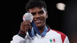 PARIS, FRANCE - JULY 30: Silver medalist Prisca Awiti Alcaraz of Team Mexico celebrates during the Women's Judo Women -63 kg medal ceremony on day four of the Olympic Games Paris 2024 at Champs-de-Mars Arena on July 30, 2024 in Paris, France. (Photo by Steph Chambers/Getty Images)