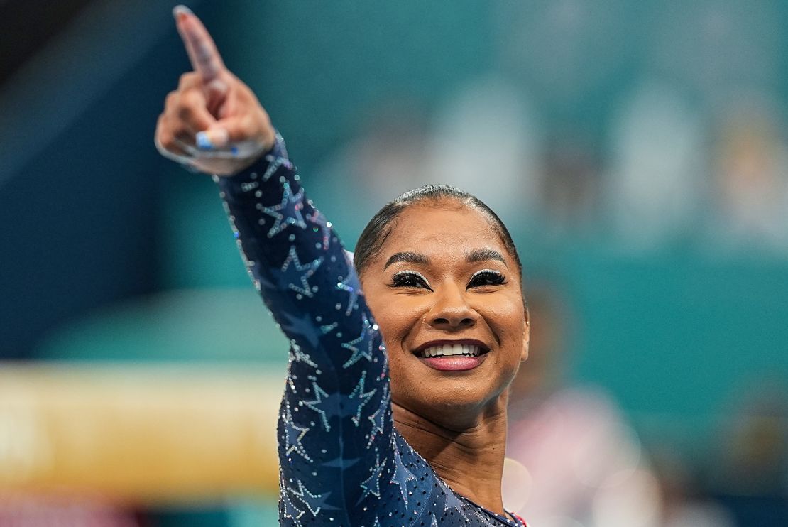 Jordan Chiles of Team USA painted on a chic sweep of white eyeliner to compete on the balance beam during women's team final of artistic gymnastics.