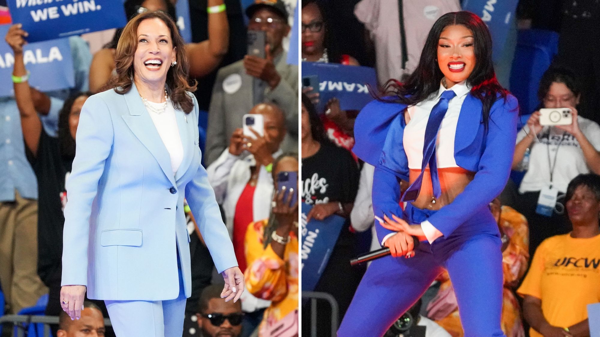 From left to right: Vice President Kamala Harris at her campaign rally in Atlanta, Georgia, and Megan Thee Stallion during her performance.