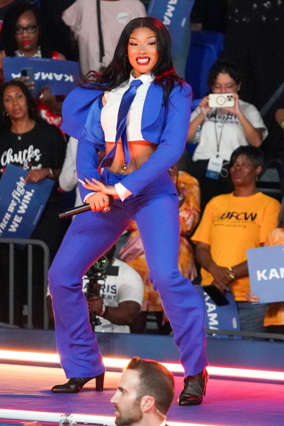 Megan Thee Stallion's midriff-bearing blue suit was designed by Abdul Sall.