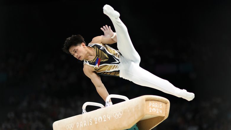 Carlos Edriel Yulo of Team Philippines competes on the pommel horse during the Artistic Gymnastics Men's All-Around Final on day five of the Olympic Games Paris 2024 at Bercy Arena on July 31, 2024 in Paris, France.