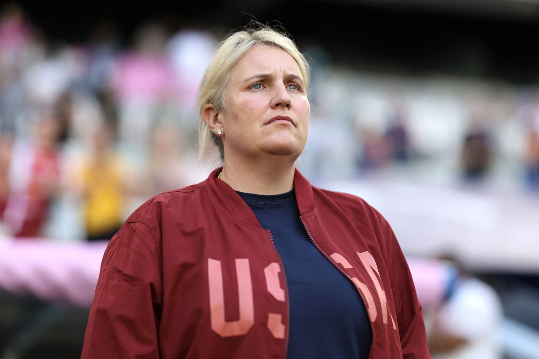 Emma Hayes looks on during the USWNT game against Australia.