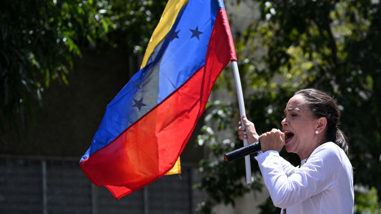 Venezuelan opposition leader Maria Corina Machado addresses supporters during a demonstration to protest over the presidential election results, in Caracas on August 3, 2024. Venezuela braced for fresh protests after President Nicolas Maduro's disputed election victory was ratified on the eve -- and a growing number of nations recognized his opposition rival as the true winner. (Photo by Federico PARRA / AFP) (Photo by FEDERICO PARRA/AFP via Getty Images)