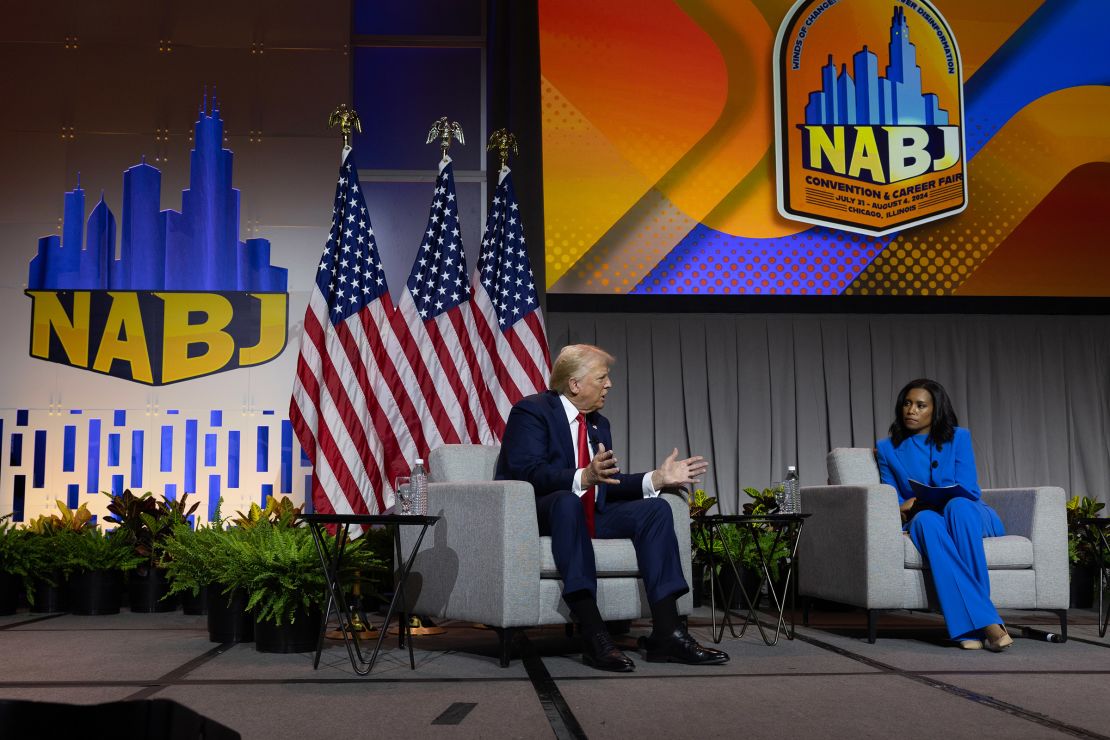 Trump speaks with ABC News' Rachel Scott during a Q&A session at the National Association of Black Journalists convention in Chicago on July 31, 2024.