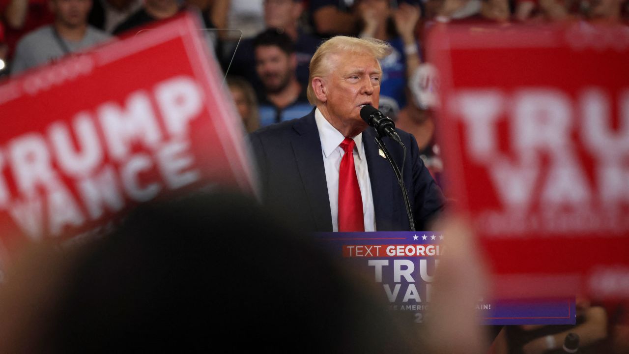 Former US President and 2024 Republican presidential candidate Donald Trump speaks during a campaign rally at the Georgia State University Convocation Center in Atlanta, Georgia, on August 3, 2024. (Photo by CHRISTIAN MONTERROSA / AFP) (Photo by CHRISTIAN MONTERROSA/AFP via Getty Images)