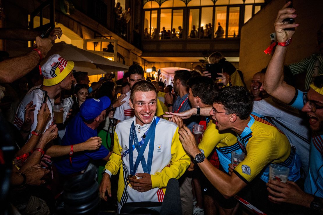 Belgian cyclist Remco Evenepoel celebrates his gold medal for the men's cycling road race at the Belgium House in Paris, France on August 3, 2024.