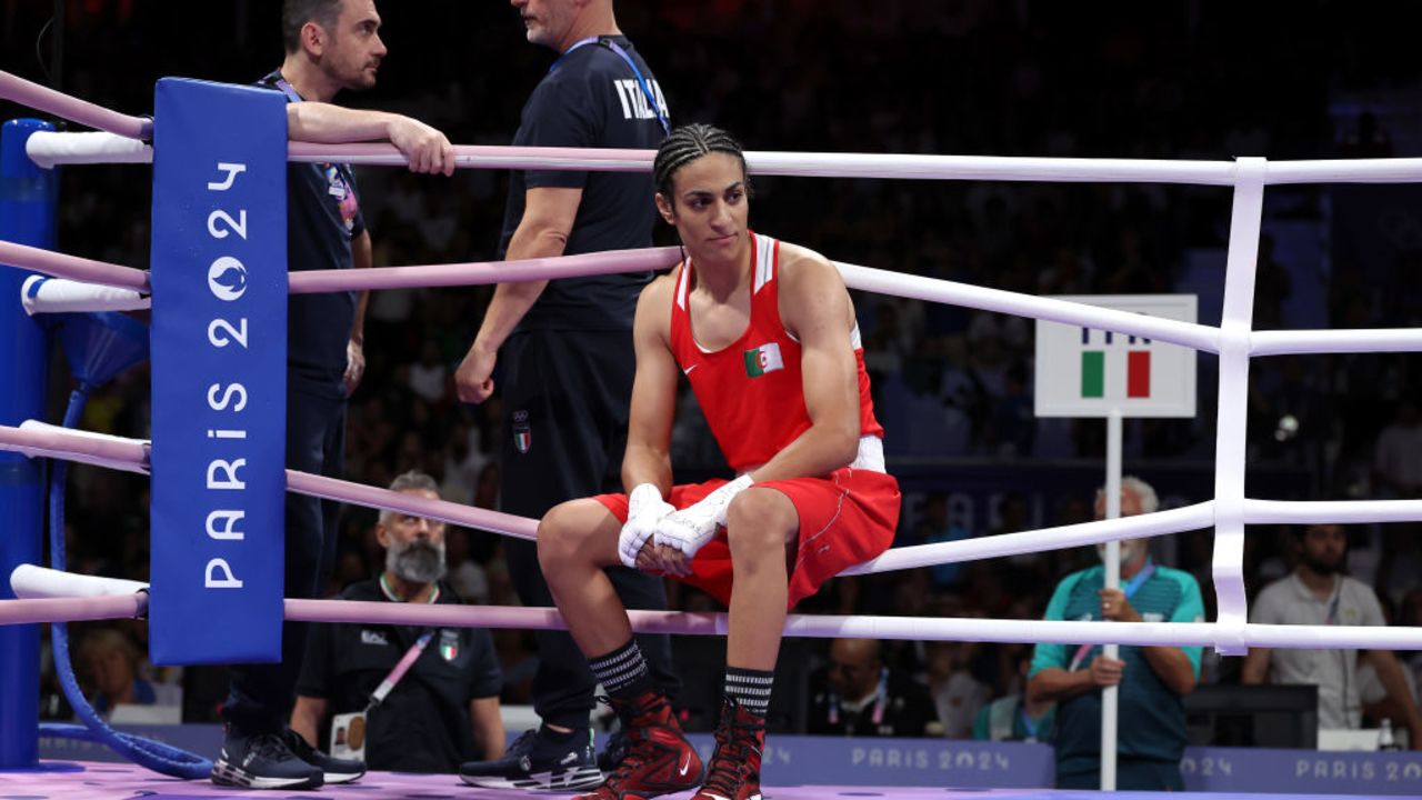 PARIS, FRANCE - AUGUST 01: Imane Khelif of Team Algeria looks on after Angela Carini of Team Italy abandons the Women's 66kg preliminary round match in the first round on day six of the Olympic Games Paris 2024 at North Paris Arena on August 01, 2024 in Paris, France. (Photo by Richard Pelham/Getty Images)