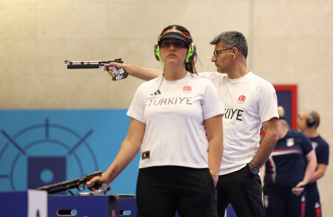 CHATEAUROUX, FRANCE - JULY 30: Turkey's Yusuf Dikec competes in the shooting 10m air pistol mixed team gold medal match on day four of the Olympic Games Paris 2024 at Chateauroux Shooting Centre on July 30, 2024 in Chateauroux, France. (Photo by Charles McQuillan/Getty Images)