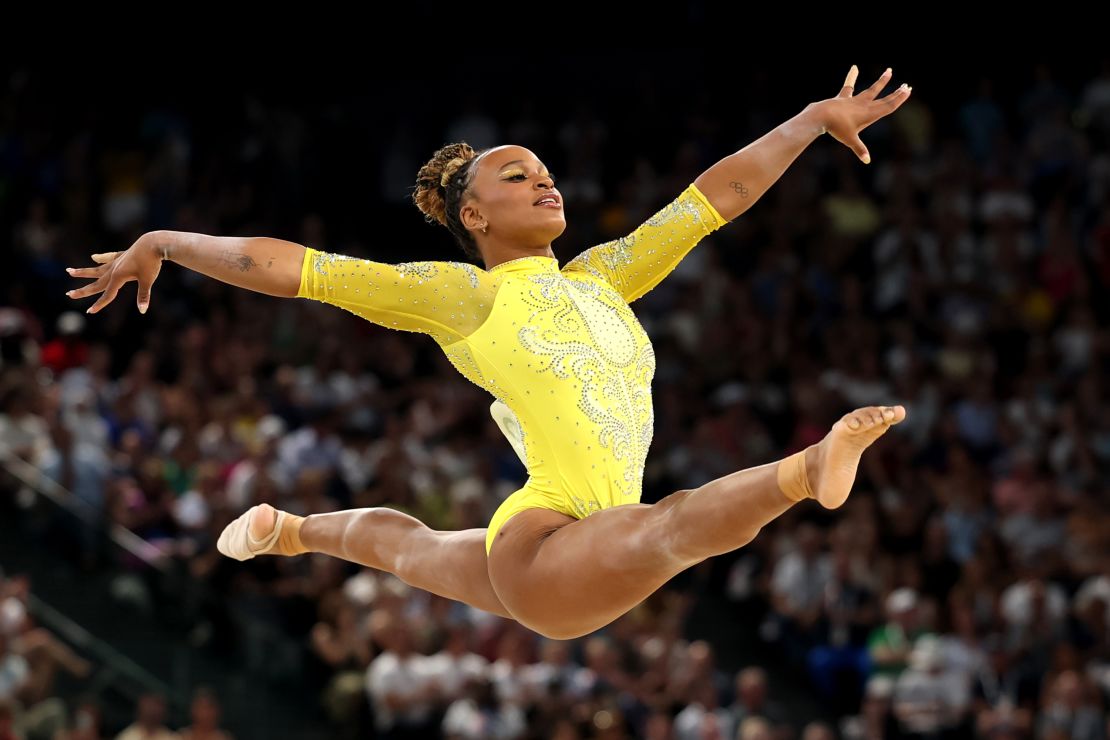 PARIS, FRANCE - AUGUST 01: Rebeca Andrade of Team Brazil competes in the floor exercise during the Artistic Gymnastics Women's All-Around Final on day six of the Olympic Games Paris 2024 at Bercy Arena on August 01, 2024 in Paris, France. (Photo by Jamie Squire/Getty Images)