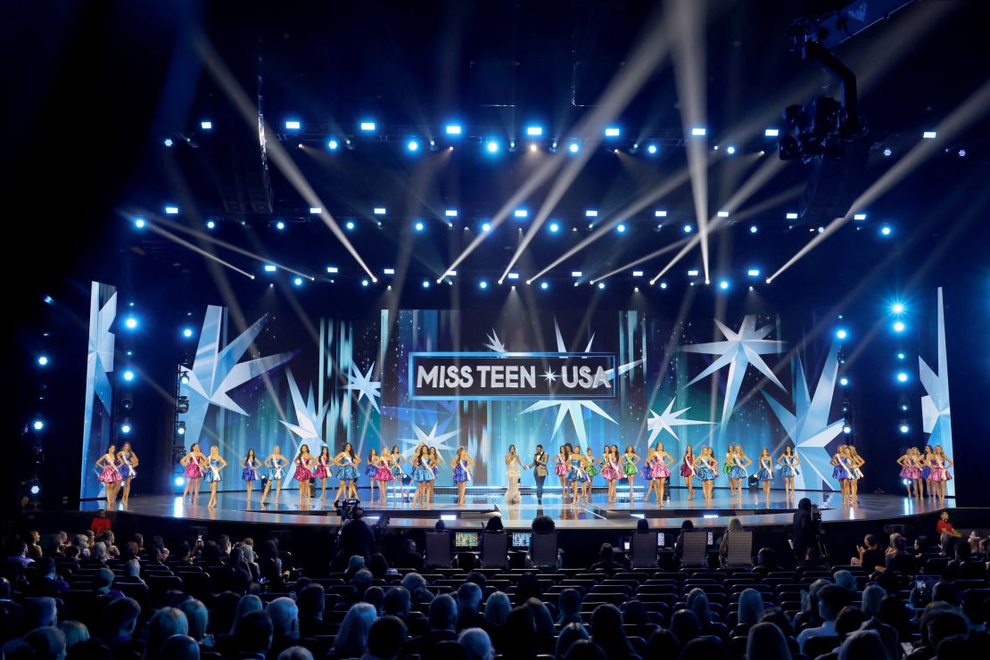 Hosts Rachel Lindsay and Justin Sylvester speak onstage alongside contestants at the Peacock Theater in Los Angeles, California.