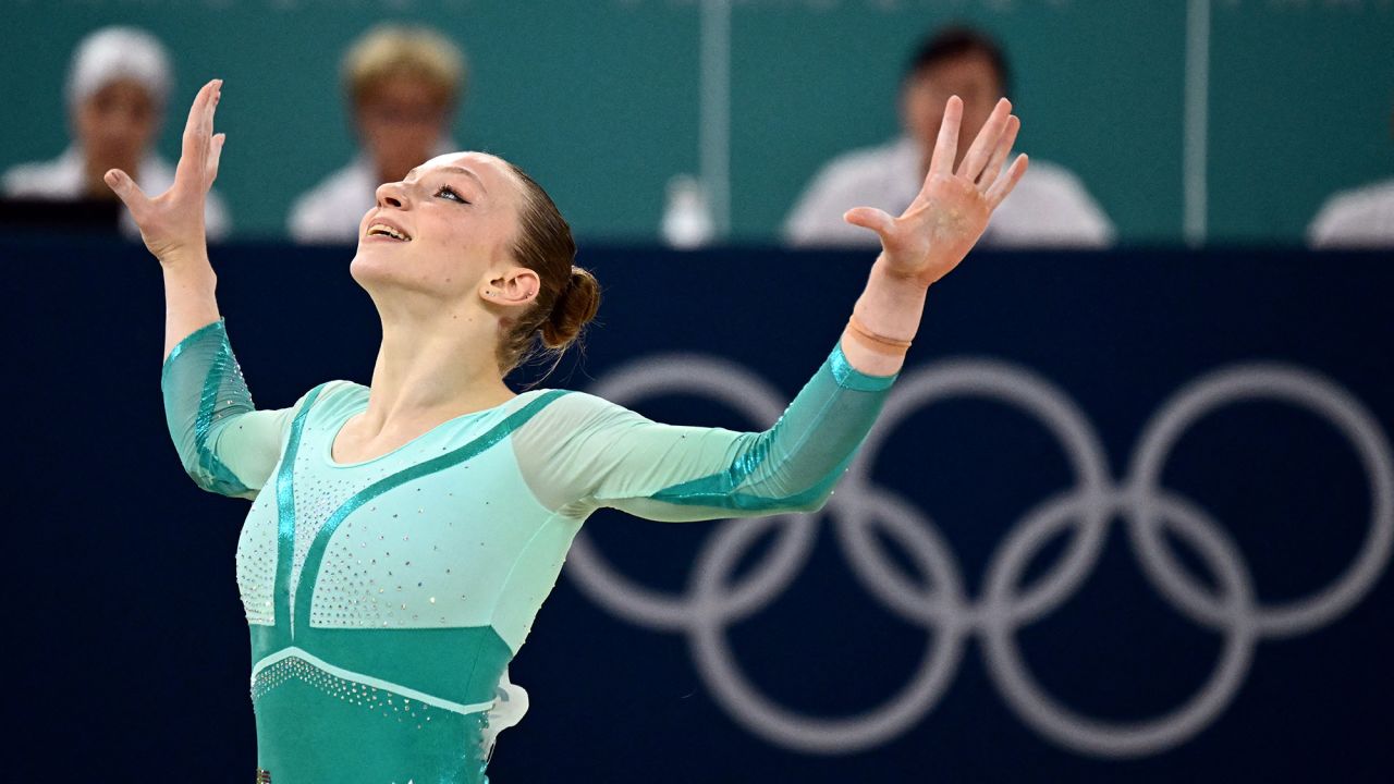 Romania's Ana Bărbosu competes in the 2024 Summer Olympics artistic gymnastics women's floor exercise final.