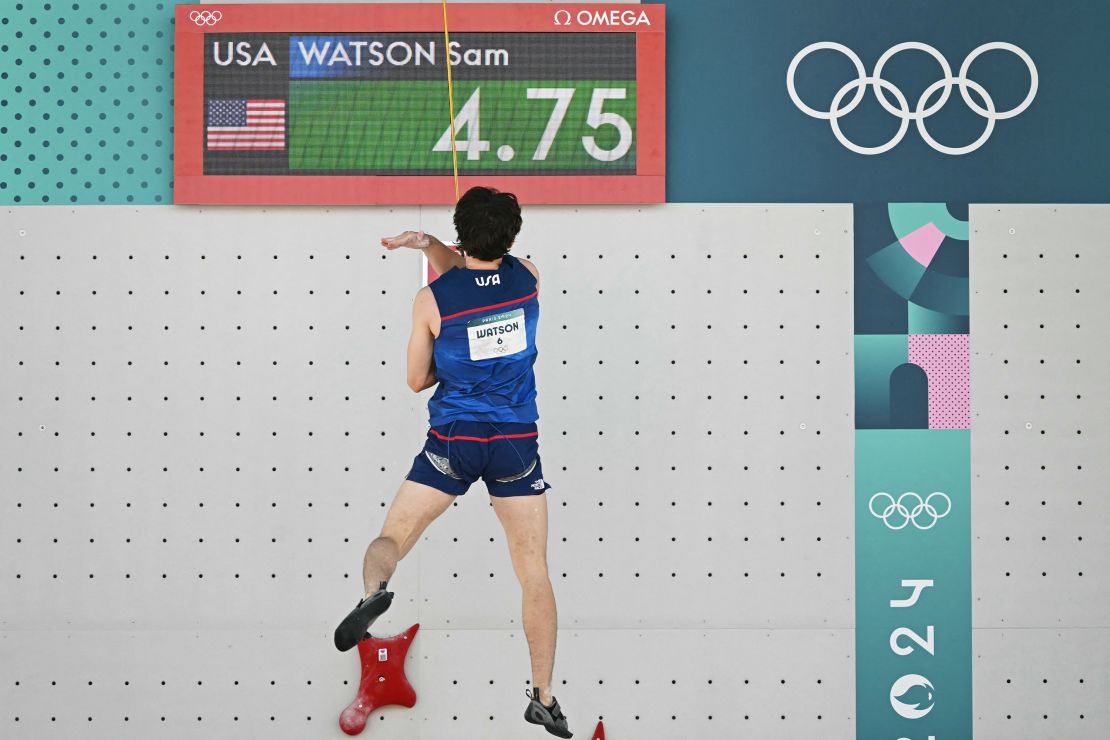 US' Sam Watson breaks the world record in the men's sport climbing speed preliminary round's elimination heats during the Paris 2024 Olympic Games at Le Bourget Sport Climbing Venue in Le Bourget on August 6, 2024. (Photo by Fabrice COFFRINI / AFP) (Photo by FABRICE COFFRINI/AFP via Getty Images)