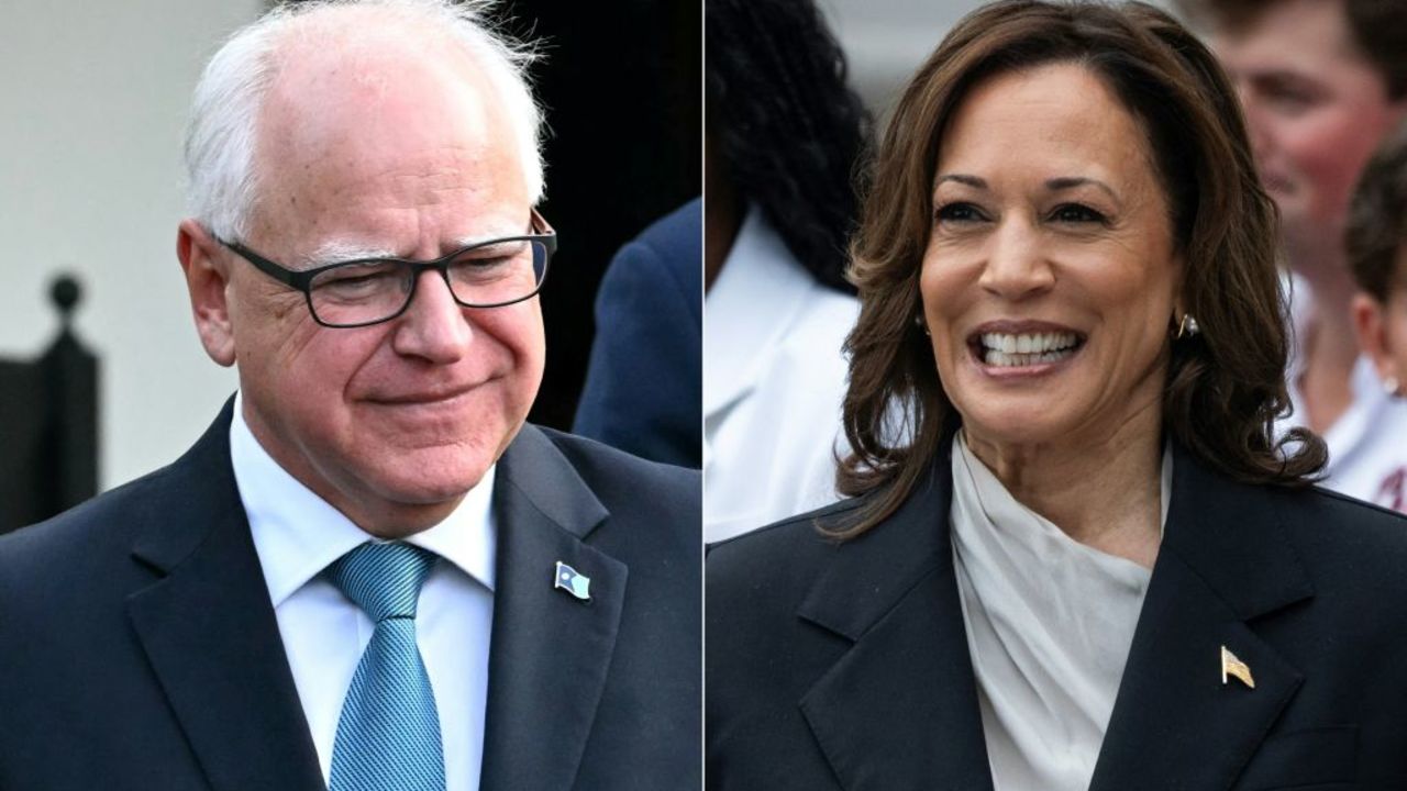 (COMBO) This combination of pictures created on August 2, 2024, shows US Vice President Kamala Harris in Washington, DC on July 22, 2024, and Governor of Minnesota Tim Walz in Washington, DC, July 3, 2024. Harris picked Walz as her running mate on August 6, 2024, US media reported, as the vice president prepares to take on Republican Donald Trump in November's US election. (Photo by Jim WATSON and Chris Kleponis / AFP) (Photo by JIM WATSONCHRIS KLEPONIS/AFP via Getty Images)