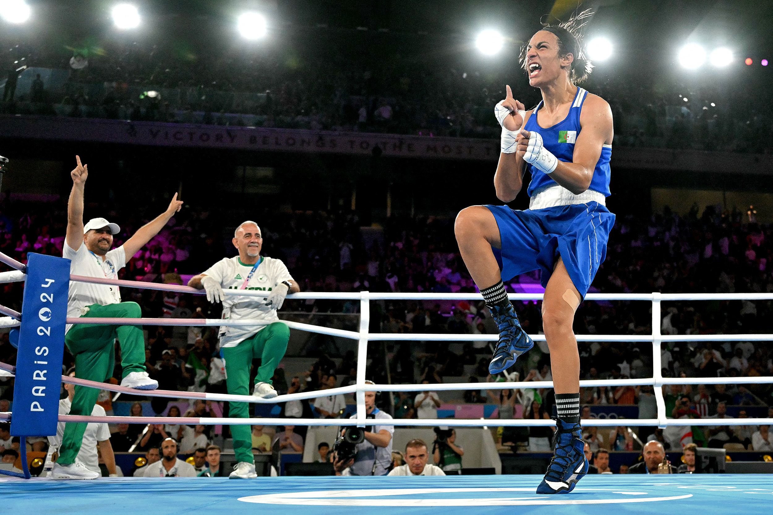 Algerian boxer Imane Khelif celebrates after <a href="https://www.cnn.com/sport/live-news/paris-olympics-news-2024-08-06#h_2b5d522560b4ed2b12bf0157c1dd6546">she defeated Thailand’s Janjaem Suwannapheng</a> in a welterweight semifinal on August 6.