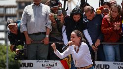 CARACAS, VENEZUELA - AUGUST 3: Opposition leader Maria Corina Machado, speaks energetically to supporters during 'Ganó Venezuela' opposition protest on August 3, 2024 in Caracas, Venezuela. President of Venezuela Nicolas Maduro was declared as the winner of the 2024 presidential election over his rival, Edmundo Gonzalez. The result has been questioned by the opposition and internationally. According to the opposition leader Maria Corina Machado, the result announced by the 'Consejo Nacional Electoral' (CNE) does not reflect the decision made by the Venezuelans during the election. (Photo by Jesus Vargas/Getty Images)