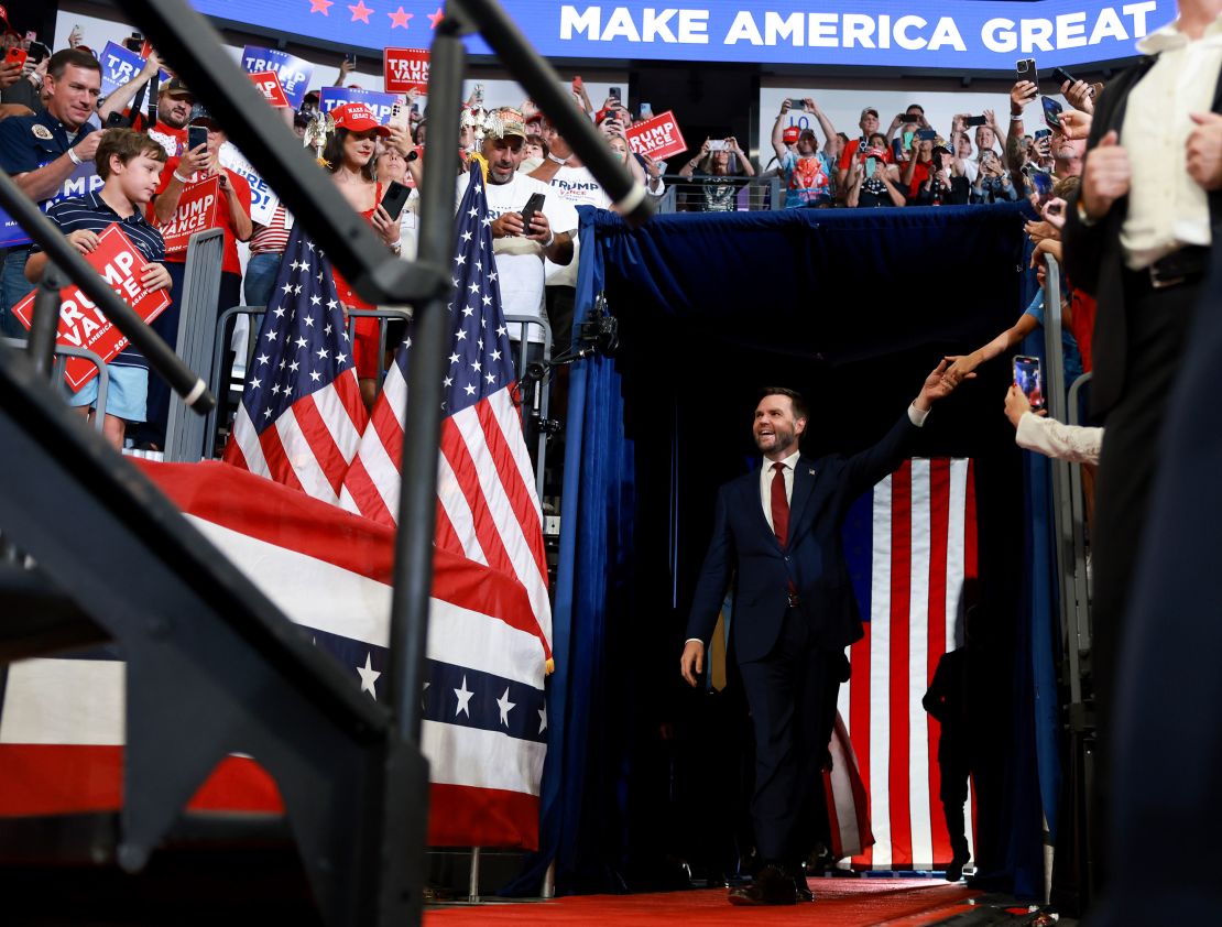 Ohio Sen. JD Vance arrives onstage for the campaign rally in Atlanta on August 3, 2024.