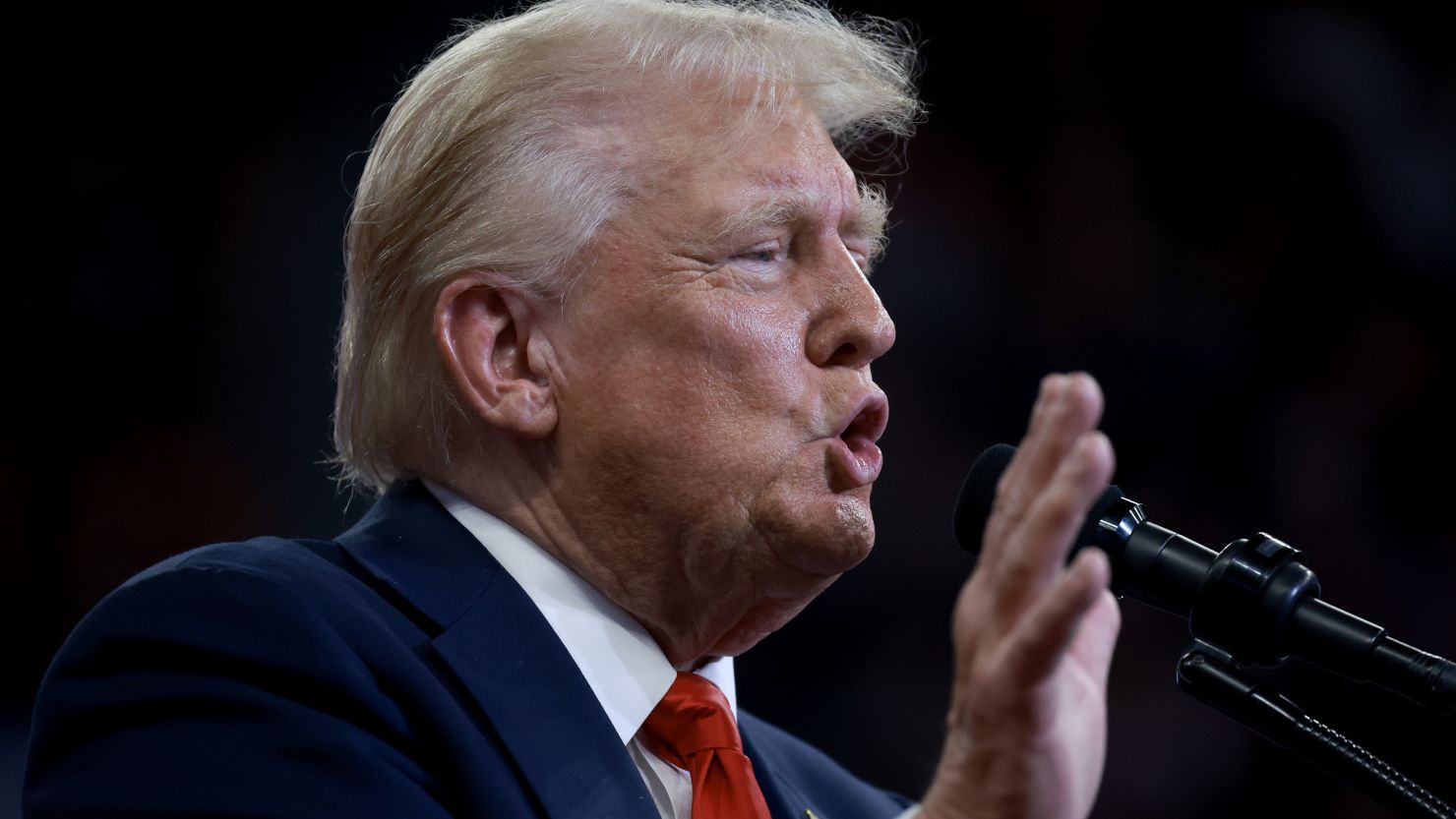 ATLANTA, GEORGIA - AUGUST 03: Republican presidential nominee, former U.S. President Donald Trump speaks during a campaign rally at the Georgia State University Convocation Center on August 03, 2024 in Atlanta, Georgia. Polls currently show a close race between Trump and Democratic presidential candidate, U.S. Vice President Kamala Harris. (Photo by Joe Raedle/Getty Images)