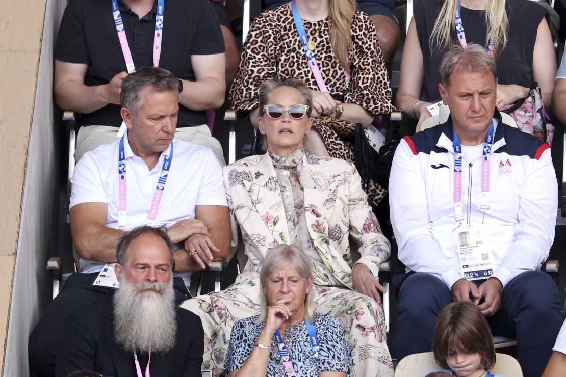 Actor Sharon Stone pictured wearing a floral suit to the men's singles match between Spain's Carlos Alcaraz and Serbia's Novak Djokovic.