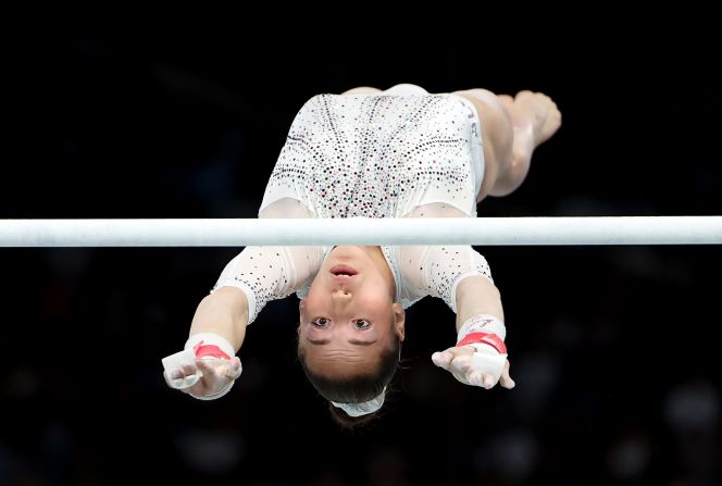 Algeria’s Kaylia Nemour competes in the uneven bars final on August 4. She <a >made history</a> by winning her country's first gold medal in the sport.