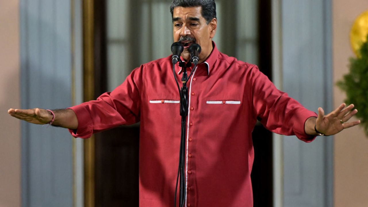 Venezuelan President Nicolas Maduro addresses supporters outside Miraflores presidential palace, during a rally backing the presidential election results in Caracas on August 7, 2024.  (Photo by Yuri CORTEZ / AFP) (Photo by YURI CORTEZ/AFP via Getty Images)