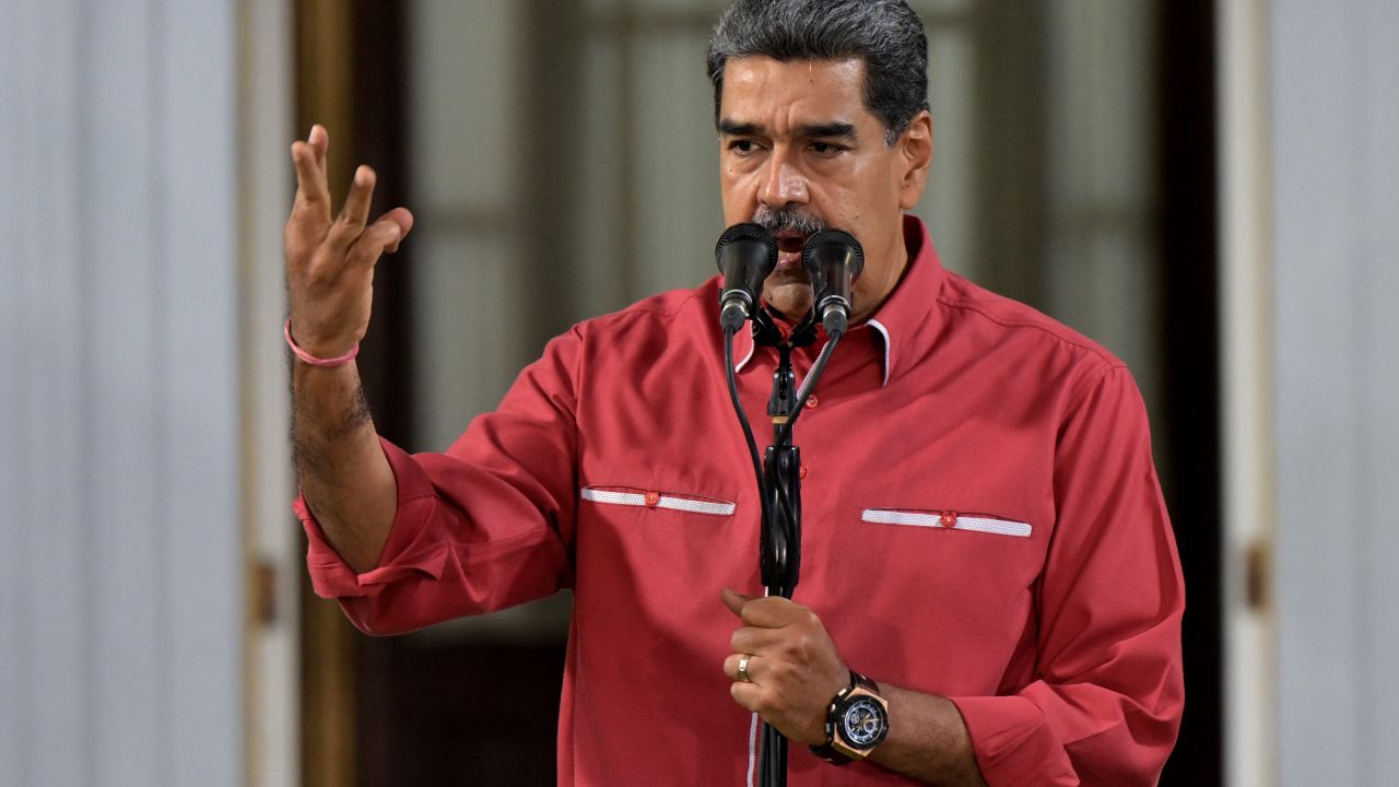 Venezuelan President Nicolas Maduro addresses supporters outside Miraflores presidential palace, during a rally backing the presidential election results in Caracas on August 7, 2024. (Photo by Yuri CORTEZ / AFP) (Photo by YURI CORTEZ/AFP via Getty Images)