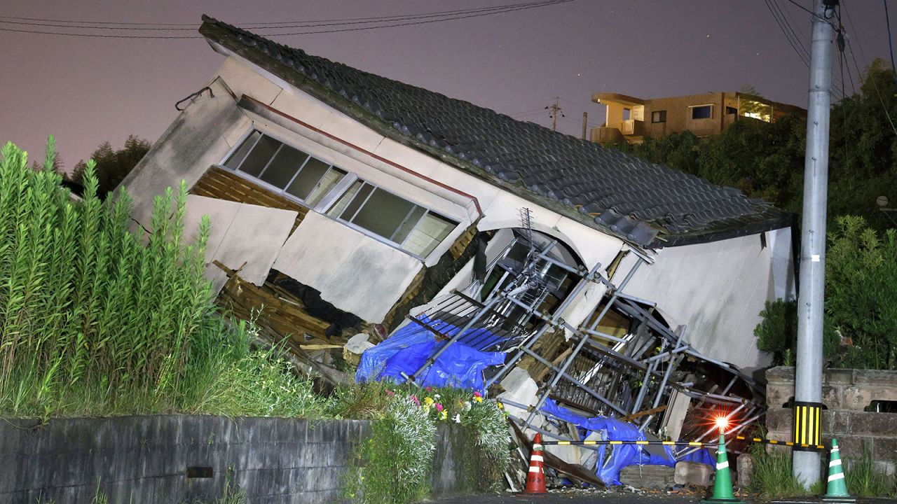 A collapsed house in the town of Osaka, in Kagoshima prefecture, Japan, after a 7.1-magnitude earthquake on August 8, 2024.