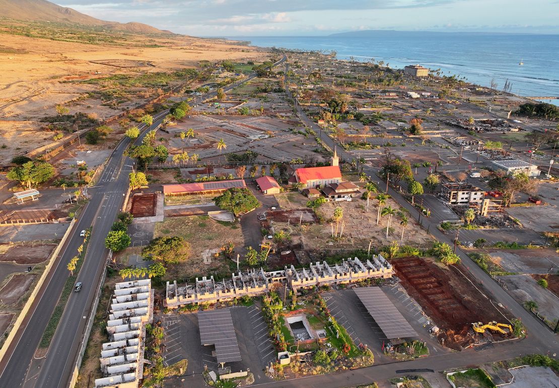 An aerial view on August 4, 2024, of Maria Lanakila Catholic Church, which was spared by the wildfire. How to rebuild Lahaina best is a question on the minds of many residents.