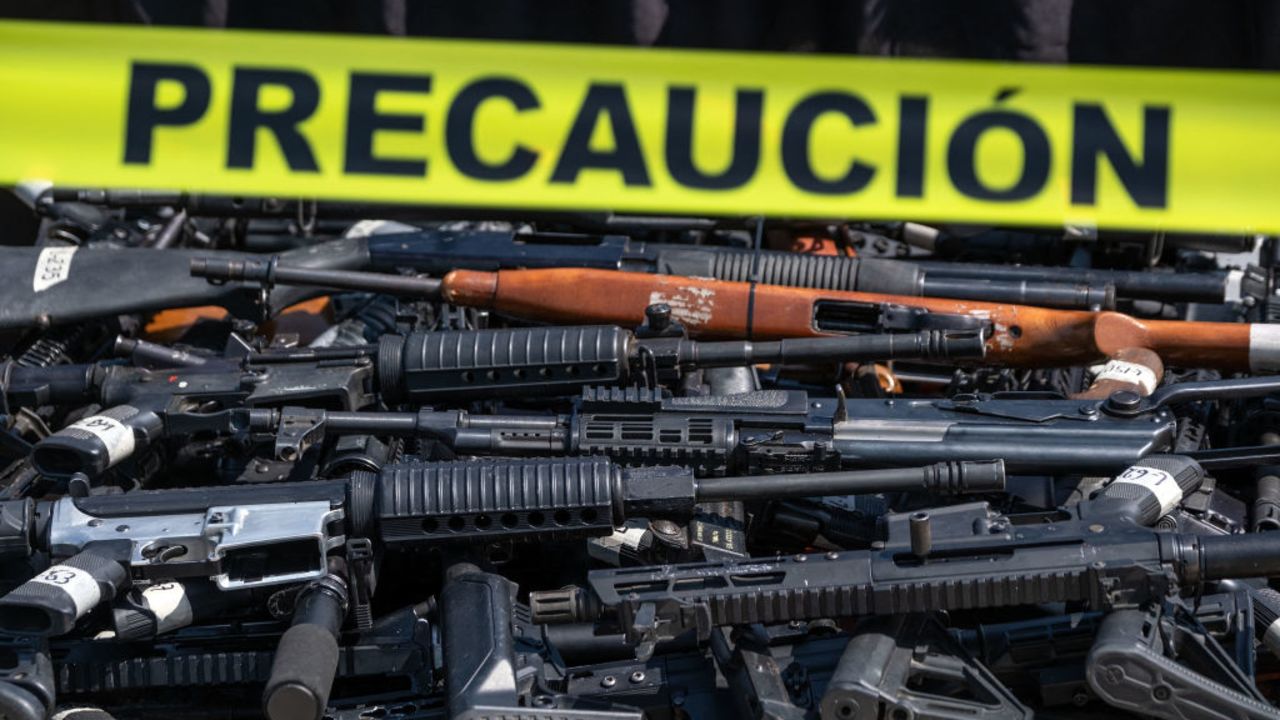 TOPSHOT - Guns seized by the Mexican Army, National Guard, and State Police are displayed before being destroyed at the 2nd Military Zone headquarters in Tijuana, Baja California State, Mexico, on August 8, 2024. (Photo by Guillermo Arias / AFP) (Photo by GUILLERMO ARIAS/AFP via Getty Images)