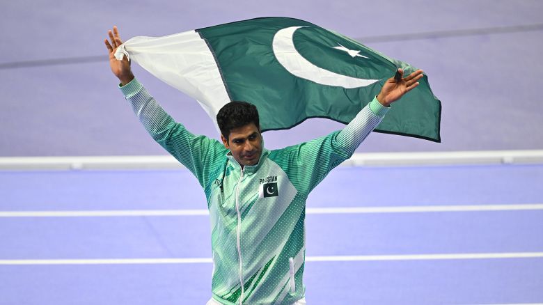 Arshad Nadeem of Team Pakistan celebrates after winning gold in the men's javelin throw final in Paris, France, August 8, 2024.