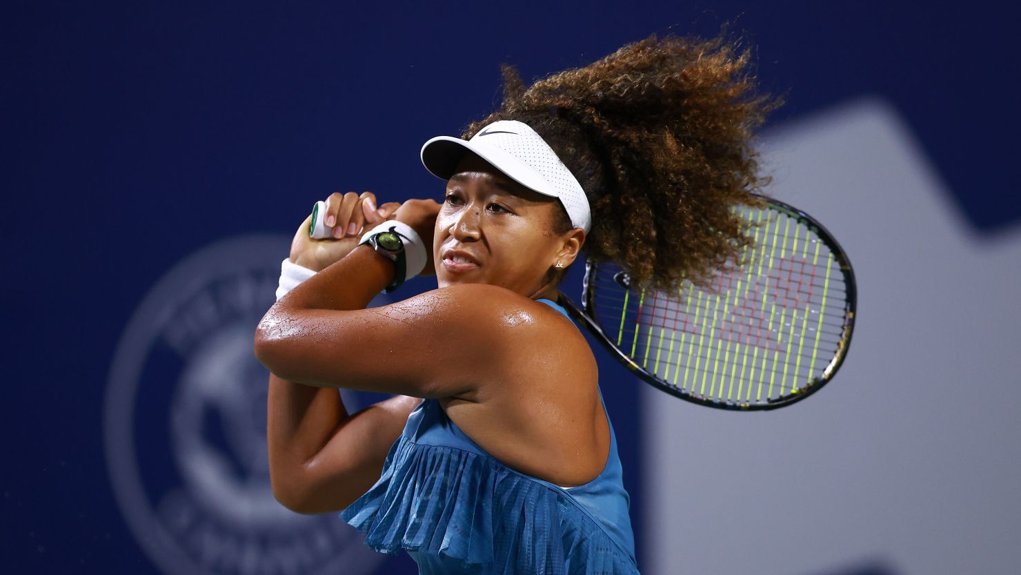 Osaka plays a shot against Elise Mertens at the National Bank Open last week.