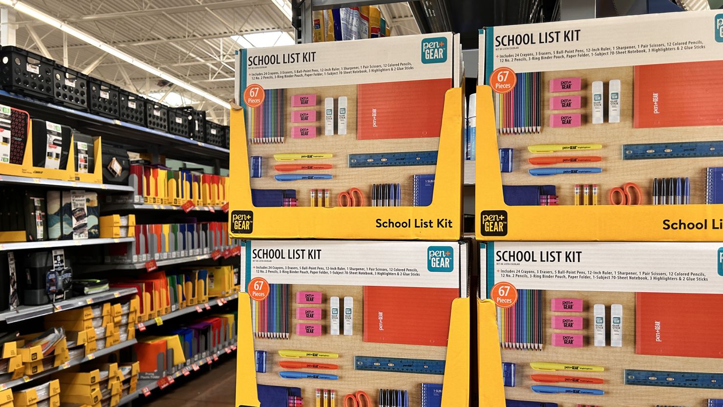School list kits for sale in the back-to-school aisle of a Walmart store in Charlotte, North Carolina, on July 29, 2024.
